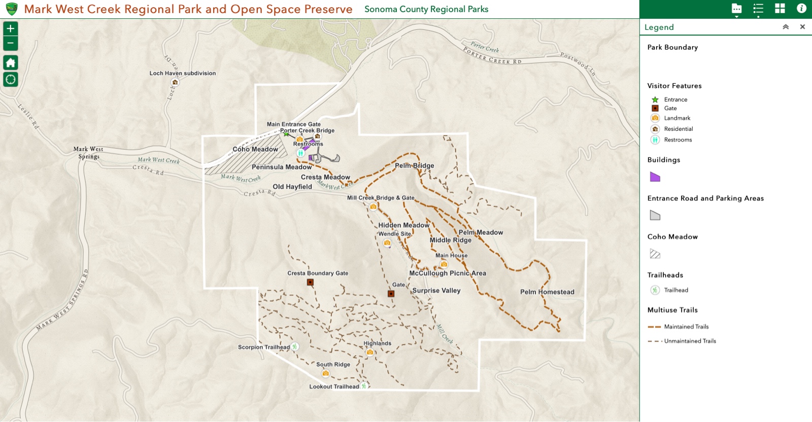 A thumbnail image of an interactive map which displays the boundaries, visitor features, trailheads and multiuse trail system of the Mark West Creek Regional Park & Open Space Preserve.