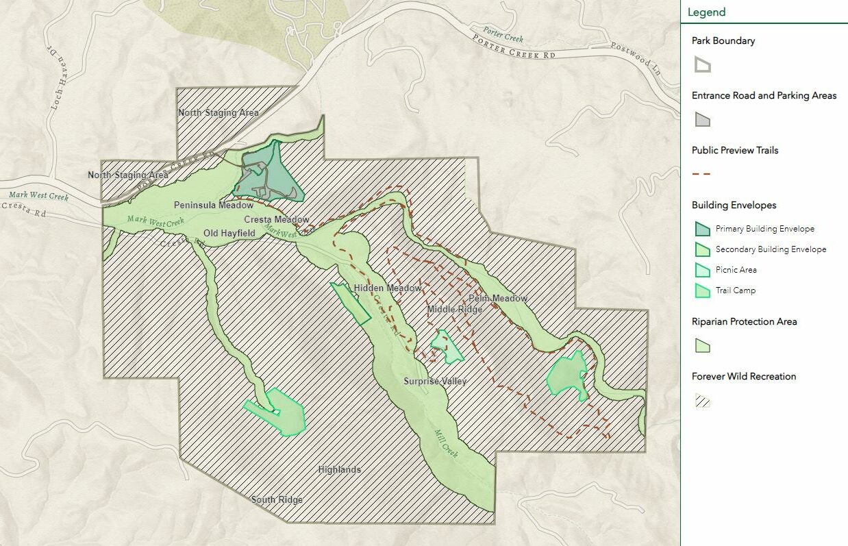 A thumbnail image of an interactive map of the Mark West Regional Park & Open Space District, which displays the park boundaries, as well as the primary and secondary building envelopes, picnic area, trail camps, riparian protection area and forever wild recreation zones.