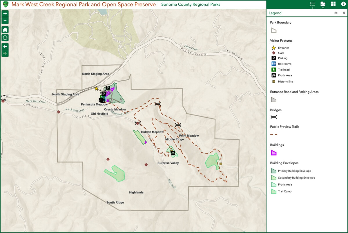 A screenshot of an interactive map displays the park boundaries and features of the Mark West Creek Regional Park & Open Space Preserve.