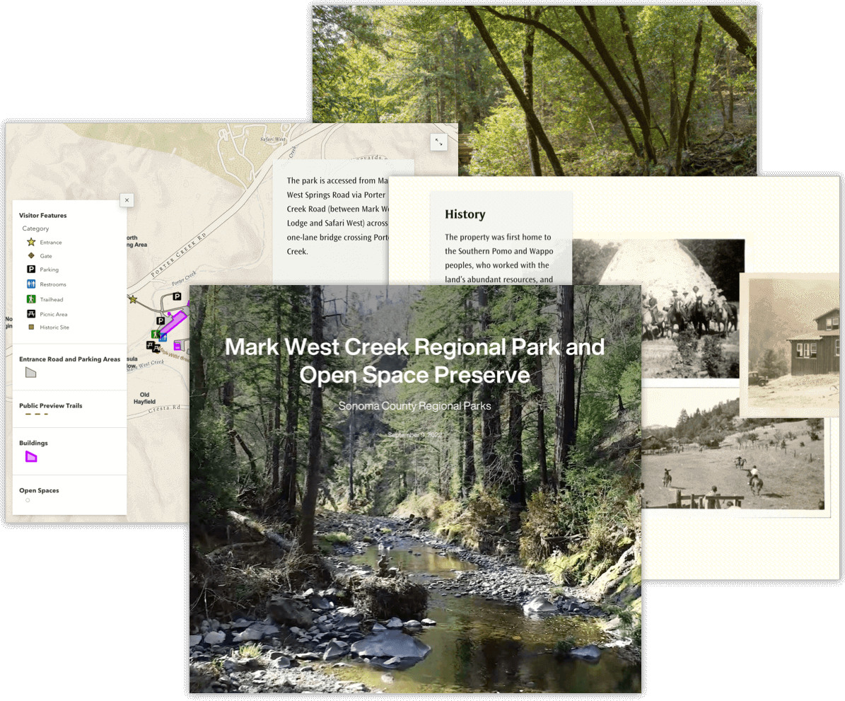 Four screenshot images of the Mark West Regional Park StoryMap overlay on top one another as if they were arranged in a scrapbook